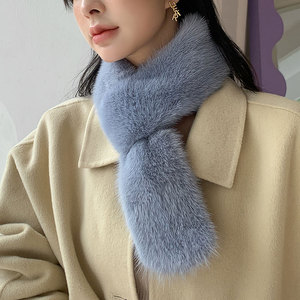 韩国新款毛绒围巾水貂毛皮草围脖女 秋冬季双面毛领子灰色女式