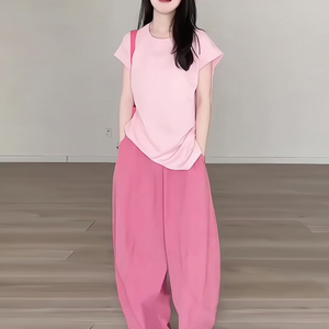拉夏贝尔休闲运动套装女夏季2024新款高端精致粉色短袖T恤阔腿裤
