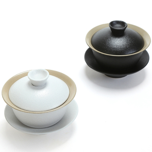 禅风黑石头釉黑陶盖碗三才碗功夫茶具配件茶杯粗陶瓷盖碗茶三才杯