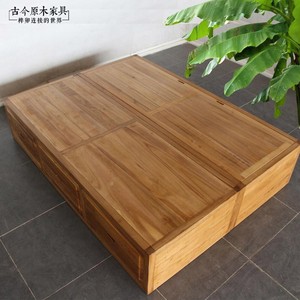 中式实木榻榻米床底座现代简约BD101-3老榆木樟木高箱储物箱体床