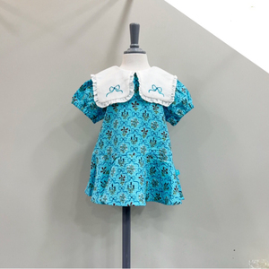 韩版中小童装 小云朵2024夏款 蓝色白色大翻领短袖公主裙连衣裙