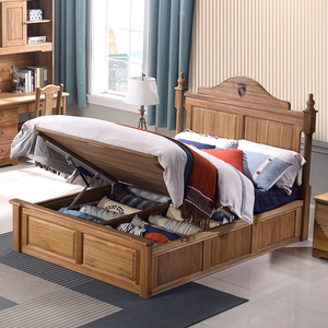 檀丝木美式实木儿童床木蜡油家具单人床1米5高箱储物床1米2男孩床