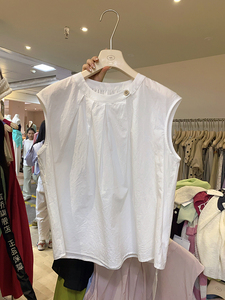 H-XL52553纯色棉布无袖上衣女夏季法式小飞袖T恤衬衫