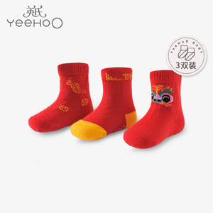 英氏儿童袜子婴儿宝宝新年红3双装透气短袜YIWCJ01090A01秋冬新款