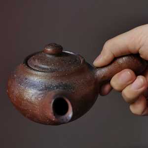 日本进口 柴烧备前烧作家物 匠人手工 横手急须侧把壶茶壶