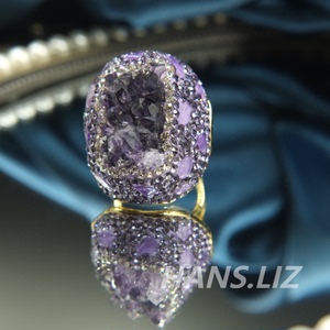 欧美风重工乌拉圭紫水晶戒指晶牙能量石高贵满钻奢华原石戒指活口