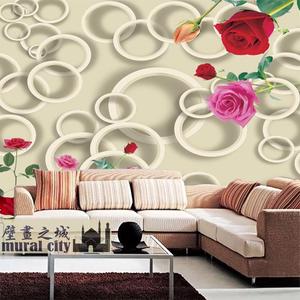 3D线条立体感墙纸现代红色玫瑰花壁纸大型壁画居家电视沙发背景墙
