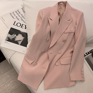 桃粉色西装外套女高级感春秋季新款韩版时尚气质休闲双排扣小西服