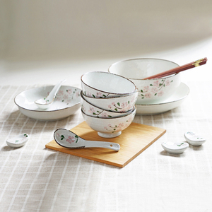 日式陶瓷釉下彩家用米饭碗樱花盘菜盘水果盘日本料理餐具 微瑕疵