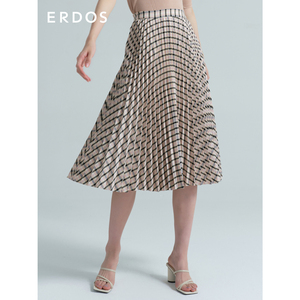 ERDOS 春夏温柔气质裸粉色百褶裙女优雅立体格纹图案中长款半身裙