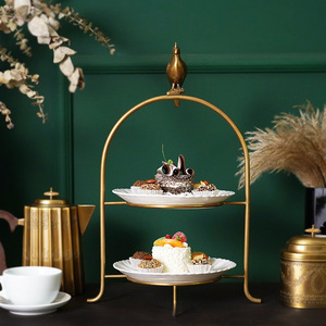 欧式美式印度进口黄铜鹦鹉造型陶瓷盘双层蛋糕架果盘甜点盘摆件