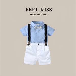 英国FeelKIss男童装夏装2024新款帅气绅士短袖衬衫背带裤礼服套装