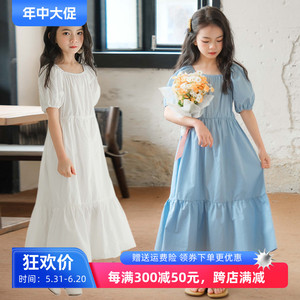 女童纯棉连衣裙夏季新款韩版中大童白色公主裙度假长裙儿童仙女裙