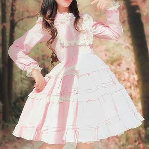 开心洋装原创粉色连衣裙超仙春款 长袖蕾丝花边女裙/樱花粉蛋糕裙