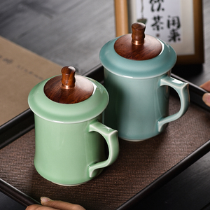 青瓷茶杯中式陶瓷带盖办公室杯子男士高档杯个人专用刻字定制礼品