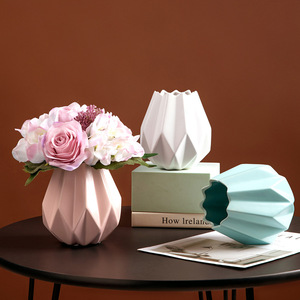北欧陶瓷折纸花瓶莫南瓜花瓶仿真花艺玫瑰套装客厅玄关装饰摆件