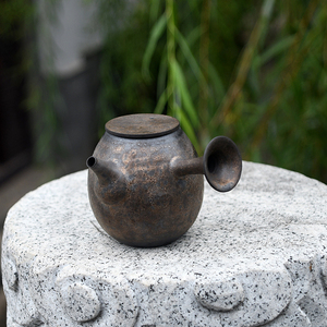 台湾宜龙茶具日式黑铁釉鎏金侧把壶急须壶茶壶手工粗陶家用单壶
