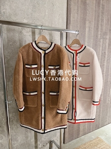 LUCY香港代购 Muveil 23秋冬 圆领拼色边中长款毛绒外套