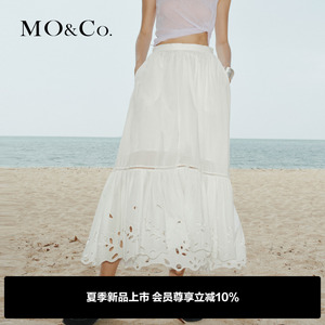MO&Co.2024夏新品花型镂空棉质长款半身裙长裙MBD2SKTT57摩安珂