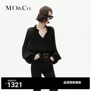 MOCO2023冬新品闪片褶理雪纺灯笼袖V领衬衫上衣MBC4TOP008附吊带