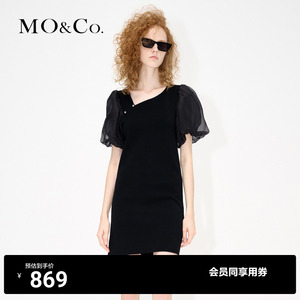 【中式】MOCO斜襟桑蚕丝泡泡袖针织黑色连衣裙气质裙子女