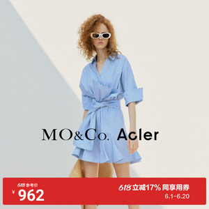 MOCOAcler设计师联名系列捏褶条纹衬衫连衣裙气质高端设计感裙子