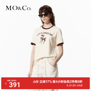 MOCO趣味小鹿标语复古撞色边棉质T恤上衣女打底衫设计感小众
