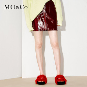 MOCO高腰金属圆环装饰拉链大口袋漆皮半身裙MA171SKT