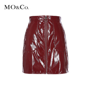 MOCO高腰金属圆环装饰拉链漆皮半身裙MA171SKT106