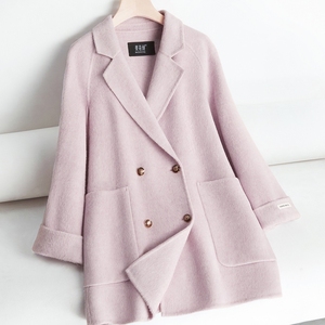 紫色双面羊绒大衣女2023新款小个子高端减龄双排扣气质羊毛呢外套