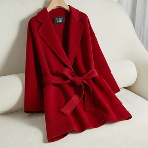 红色小个子双面羊绒大衣女2023年新款高端短款修身显瘦羊毛呢外套