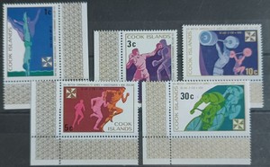 邮票:库克群岛1974年英联帮运动会，跳水拳击，举重赛跑自行车5全