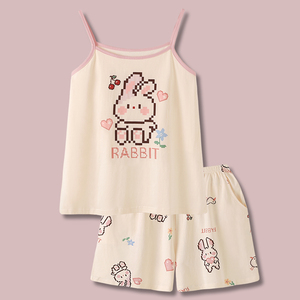 『糖豆の兔』可爱兔子凉感纯棉睡衣女款2024新款夏吊带家居服套装