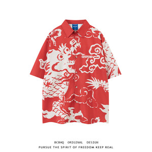 中国风龙图案印花红色短袖衬衫女夏季潮牌宽松休闲情侣半截袖衬衣