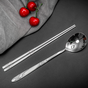 韩式不锈钢实心扁筷勺套装飞鹤仙鹤磨砂手柄家用实心防滑筷子勺子