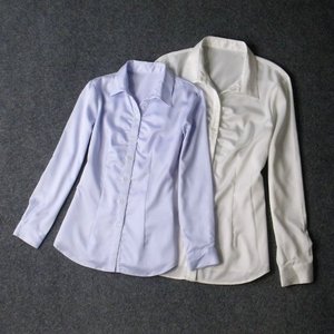 1061-外贸日本原单光泽缎面仿真丝收腰显瘦褶皱长袖通勤白衬衫