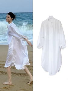 何穗同款法式白色长款衬衫连衣裙女春秋高级感韩版宽松超仙沙滩裙