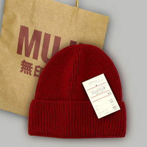 无印MJ羊毛针织帽秋冬季保暖中老年冷帽卷边毛线帽本命年红色帽子