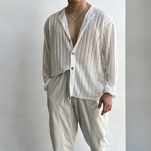 白色针织开衫男士春夏季薄款透气纯色条纹亚麻度假镂空防晒衫上衣