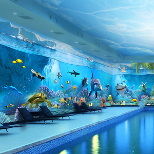 3D卡通海洋海底世界墙纸儿童房游泳馆背景壁画母婴店防水壁布定制