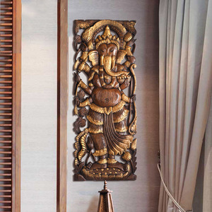 异丽泰国木雕花板玄关壁挂泰式会所spa装饰木雕壁挂象鼻神雕板