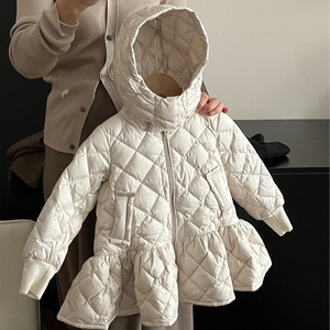 儿童棉衣2023冬季女童洋气菱形格夹棉公主外套小女孩连帽羽绒棉服