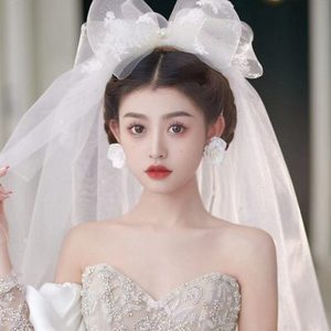 法式森系超仙蝴蝶结头纱甜美花仙子造型高级主婚纱头饰婚礼服配饰