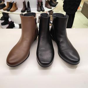 BATA 拔佳女鞋正品国内代购2023冬羊皮粗跟百搭时装靴女短靴AIK42