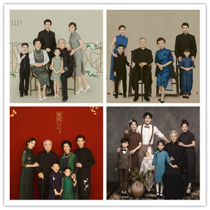 出租影楼服装全家福拍照亲子摄影中国风工笔画一家六口家庭套装