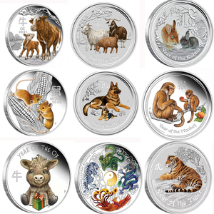 澳大利亚纪念币2024龙年银币鼠年猪年硬币 动物彩色镀银币礼品