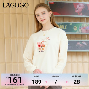 Lagogo拉谷谷2023年秋季新款米色套头圆领长袖针织印花卫衣女宽松