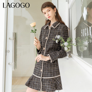 退仓Lagogo新款方领大衣外套格子中长款设计感风衣女