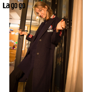 Lagogo2017冬季新款藏青色直筒撞色翻领毛呢大衣女呢子
