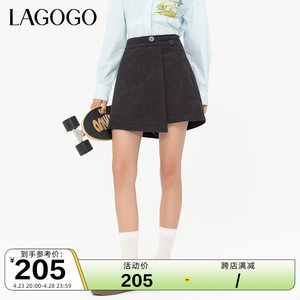 Lagogo拉谷谷2023年冬季新款短裤高腰深灰色复古灯芯绒裙阔腿裤女